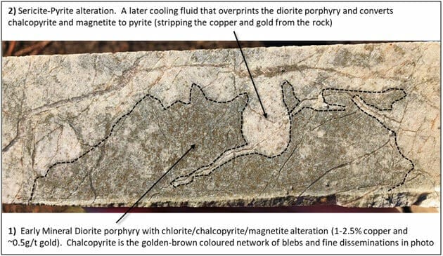Figure 3: The story in a photo. A sample from 254.4 metres in hole DDH 18-34 showing the later alteration pervasively replacing the earlier copper and magnetite alteration which strips the grade.
