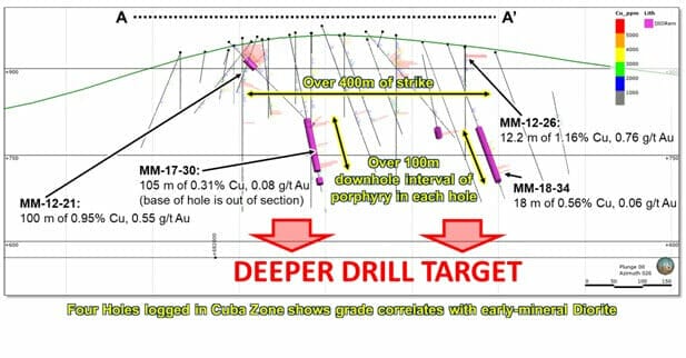 Figure 2: Long section of drilling at the Cuba Zone. Shallow percussion holes are removed for clarity. Mapped diorite is shown from relogging of four holes and a systematic program of relogging is required across the zone prior to drilling.