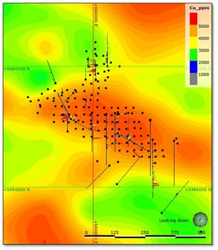 Figure 1: Drillholes at the Cuba Zone shown at a 100 metre depth slice of chargability. Copper plotted downhole (5,000ppm copper equals 0.5% copper).