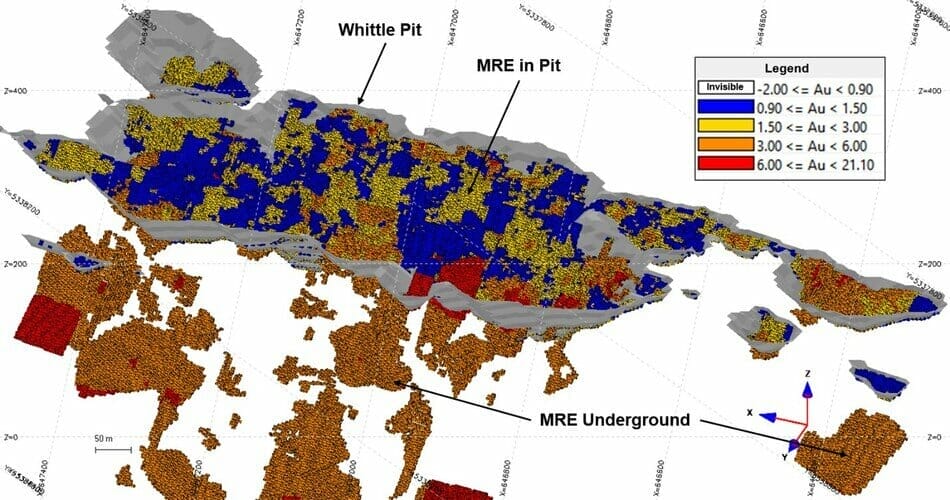Figure 1 Isometric View Looking South-southeast Showing the Block Model of Granada Deposit Updated Mineral Resources by Grade, and its Whittle Pit (CNW Group/Granada Gold Mine Inc.)