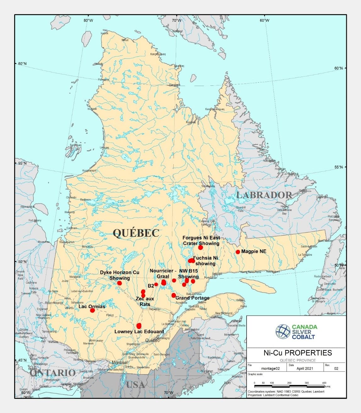 Figure 1 – Nickel - Copper Property Locations in the Province of Québec